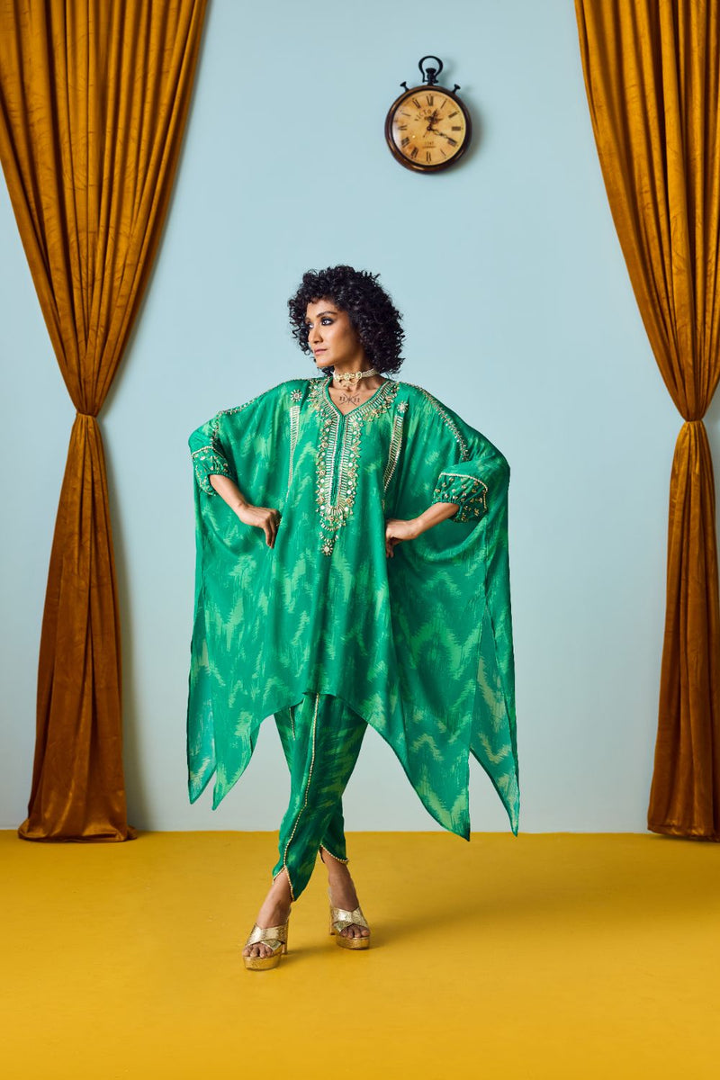 Raso Coral Green Hand-Embroidered Tunic with Tulip Pants silk by PRAHNAAYA in green color for women Worldwide