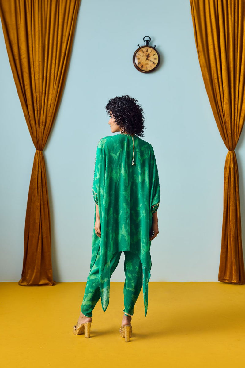 Raso Coral Green Hand-Embroidered Tunic with Tulip Pants silk by PRAHNAAYA in green color for women Worldwide