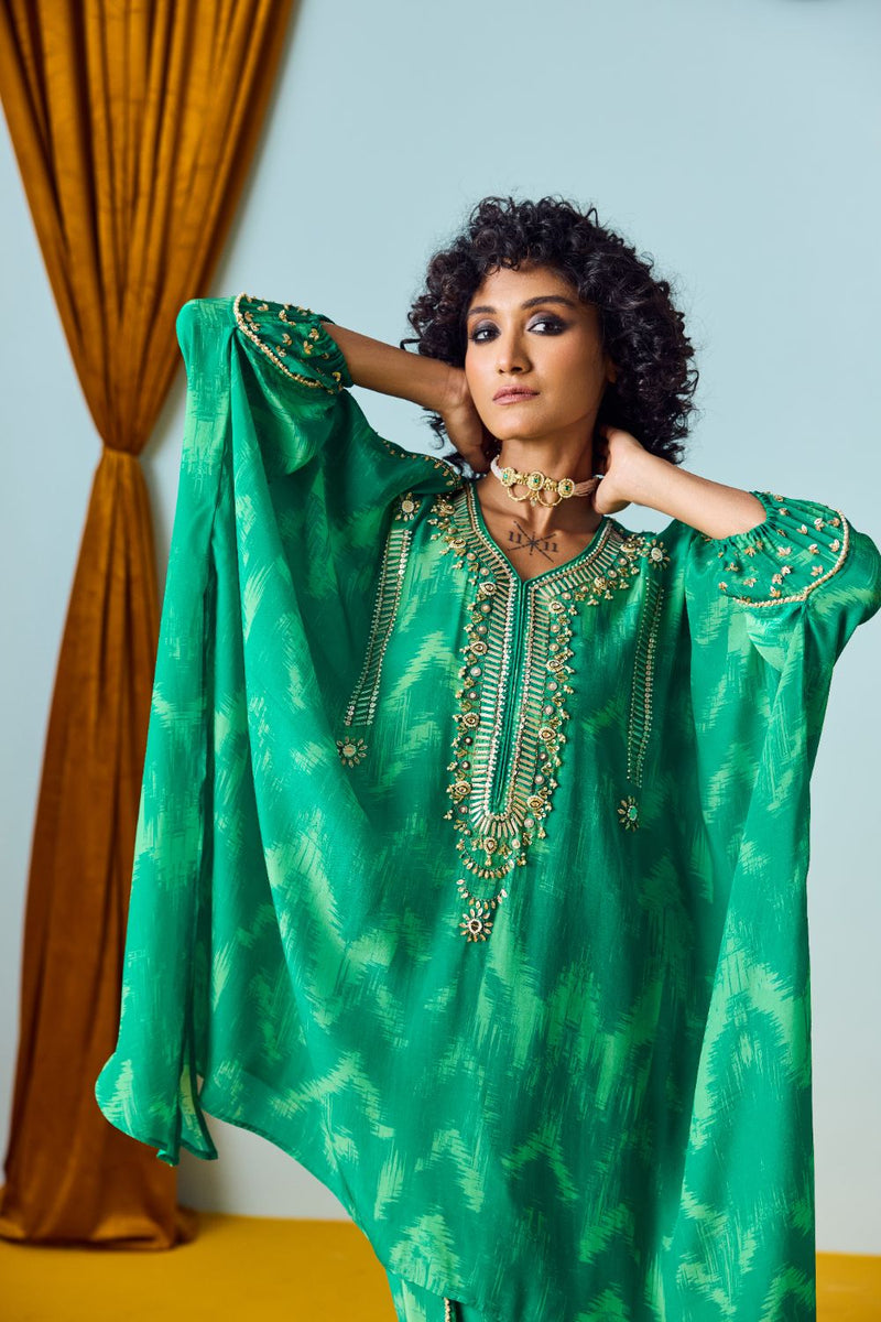 Raso Coral Green Hand-Embroidered Tunic with Tulip Pants silk by PRAHNAAYA in green color for women Worldwide