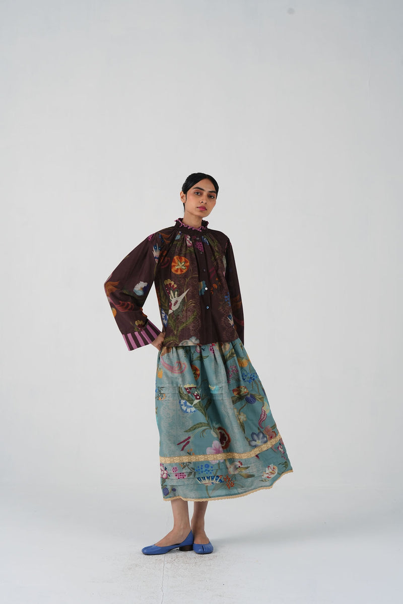 Emily Skirt-Blue Floret cotton silk skirt by CORD in multi-color for women Worldwide