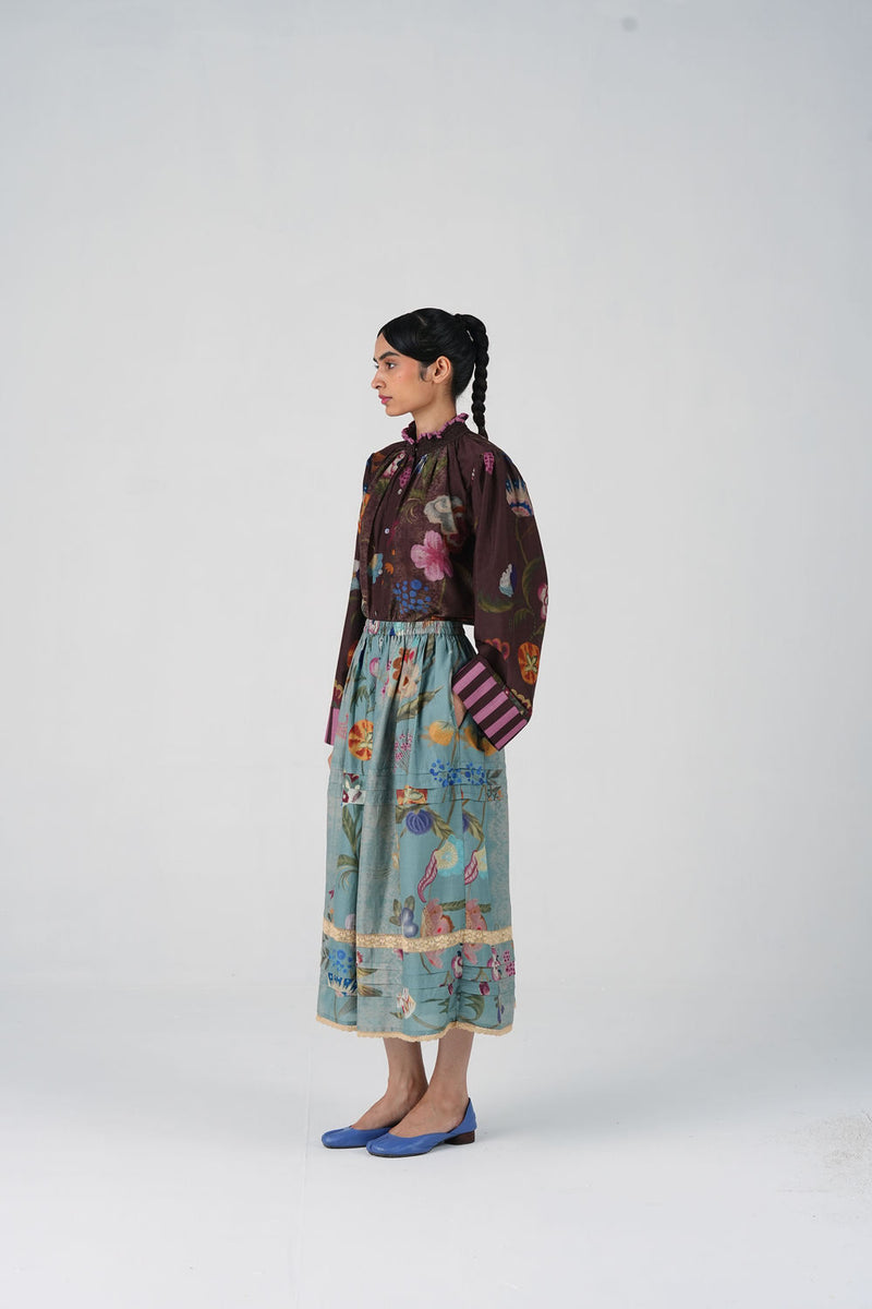 Emily Skirt-Blue Floret cotton silk skirt by CORD in multi-color for women Worldwide