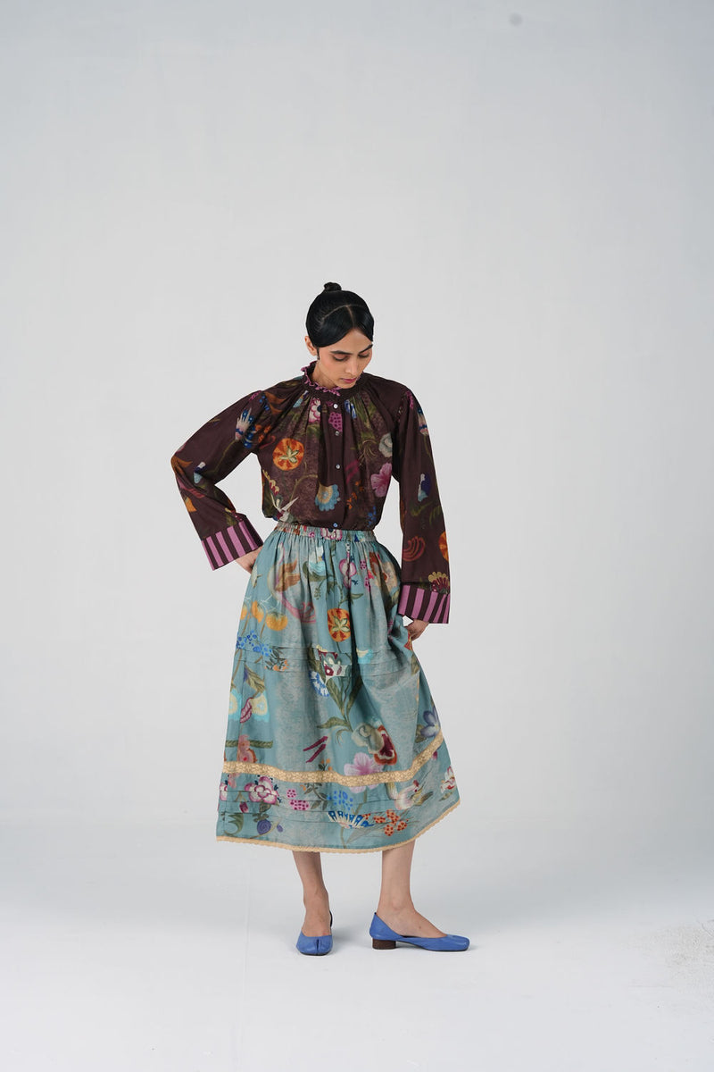 Emily Skirt-Blue Floret cotton silk skirt by CORD in multi-color for women Worldwide