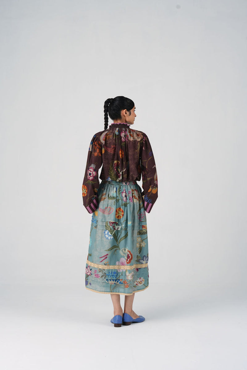 Emily Skirt-Blue Floret cotton silk skirt by CORD in multi-color for women Worldwide
