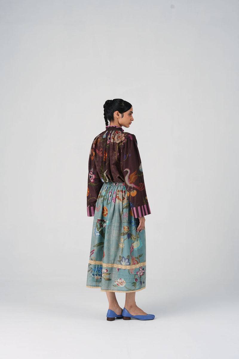 Emily Skirt-Blue Floret cotton silk skirt by CORD in multi-color for women Worldwide