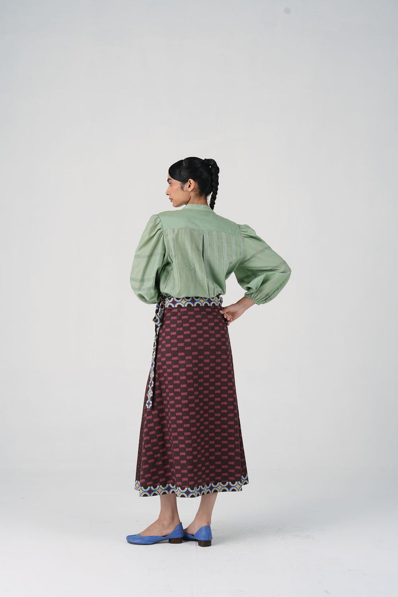 Wrap Skirt-Brown Checks cotton satin skirt by CORD in multi-color for women Worldwide