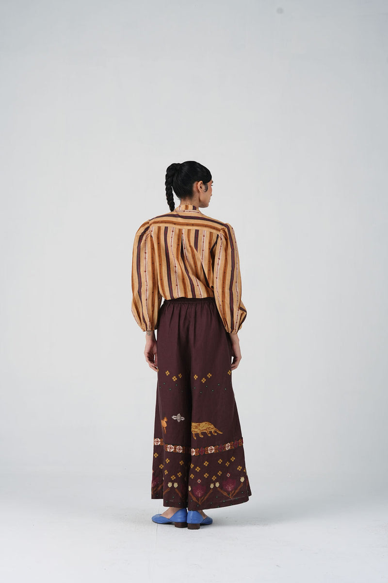 Pareo Pants-Brown Fresco linen pant/trouser by CORD in multi-color for women Worldwide