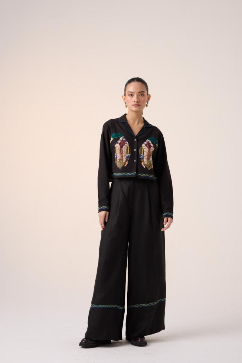 CROP SET-BLACK DUCK APPLIQUE (AVA SHIRT+APPLIQUE PANTS ) cotton by CORD in multi for women Worldwide