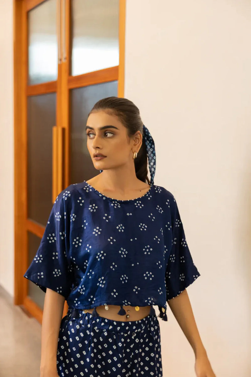 CROP TOP W TASSLES-NAVY BLUE silk by Dyelogue in blue color for women Worldwide