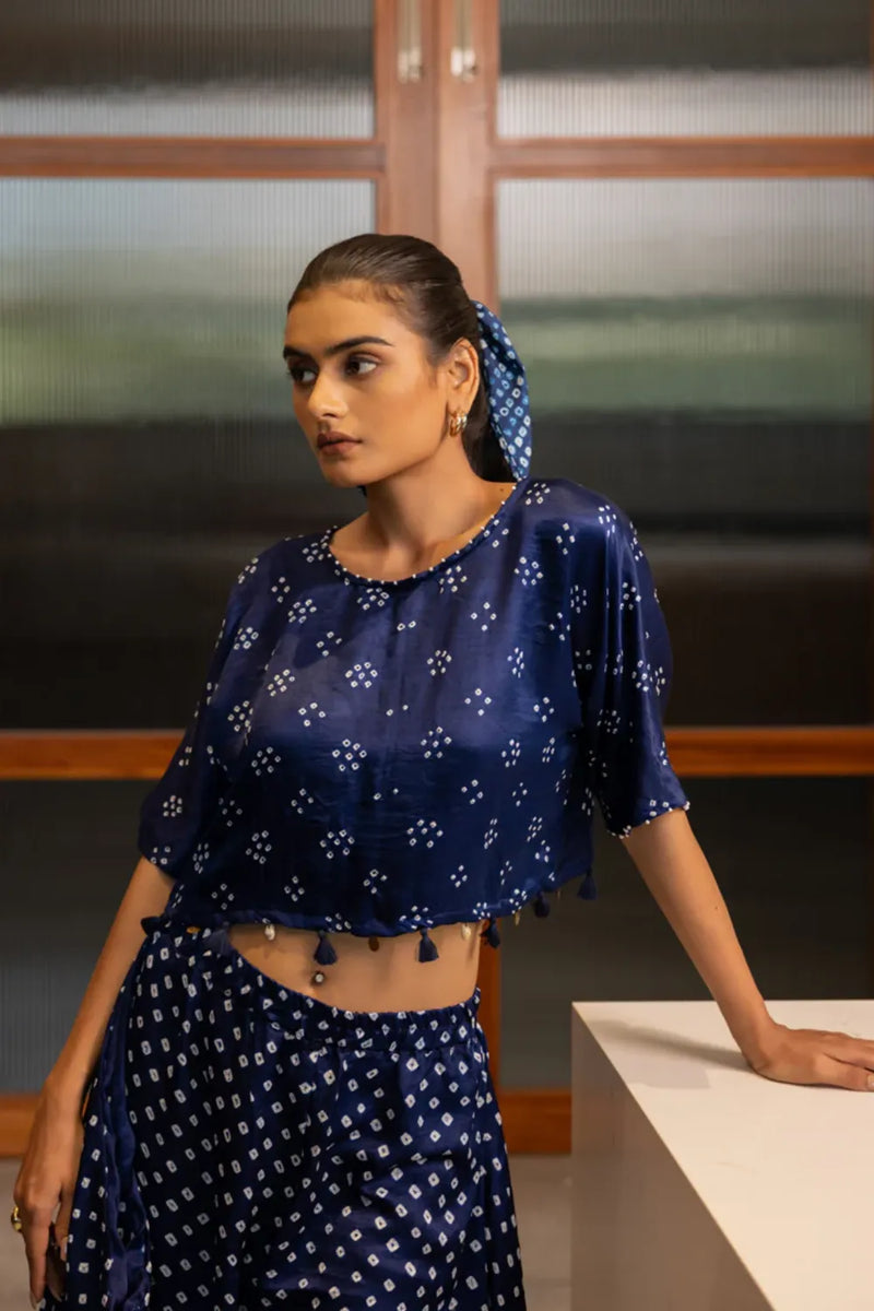 CROP TOP W TASSLES-NAVY BLUE silk by Dyelogue in blue color for women Worldwide