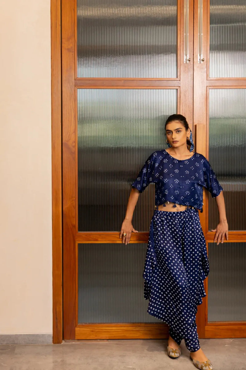 CROP TOP W TASSLES-NAVY BLUE silk by Dyelogue in blue color for women Worldwide