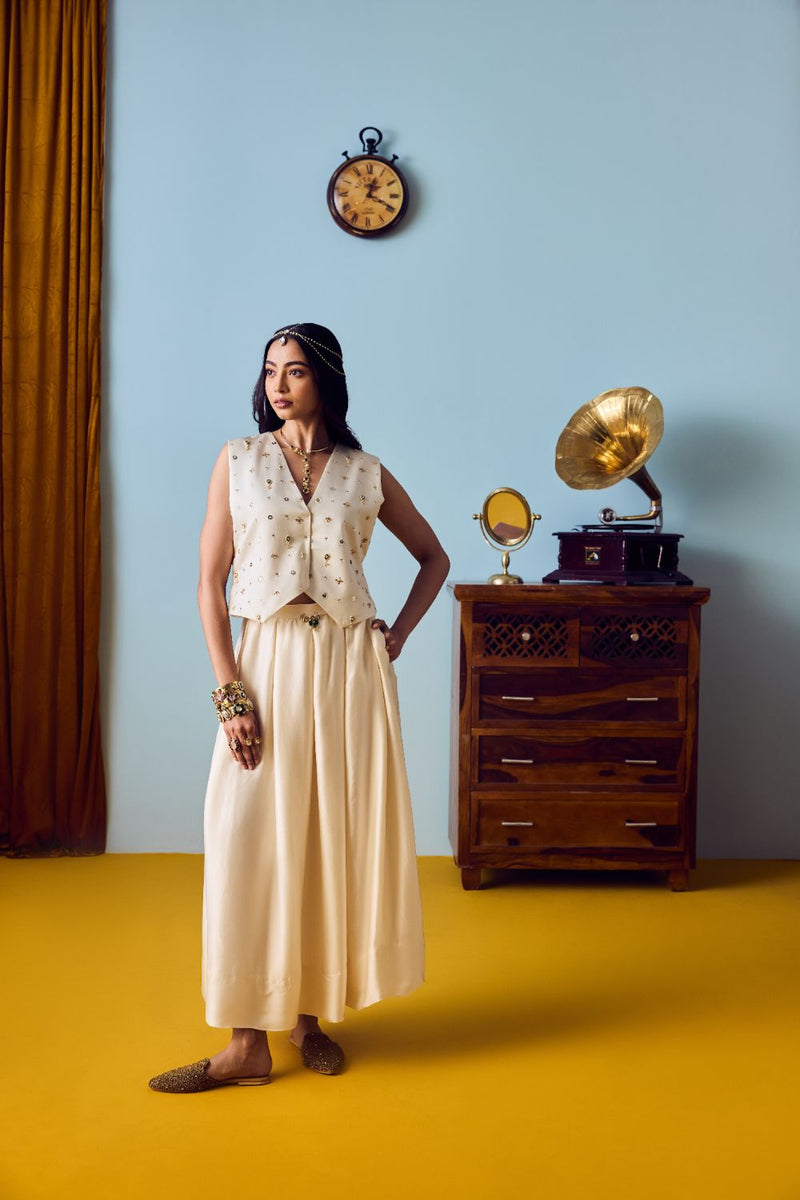 Prih Pearl Waistcoat & Skirt Set satin by PRAHNAAYA in white color for women Worldwide