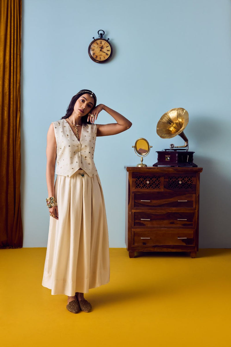 Prih Pearl Waistcoat & Skirt Set satin by PRAHNAAYA in white color for women Worldwide