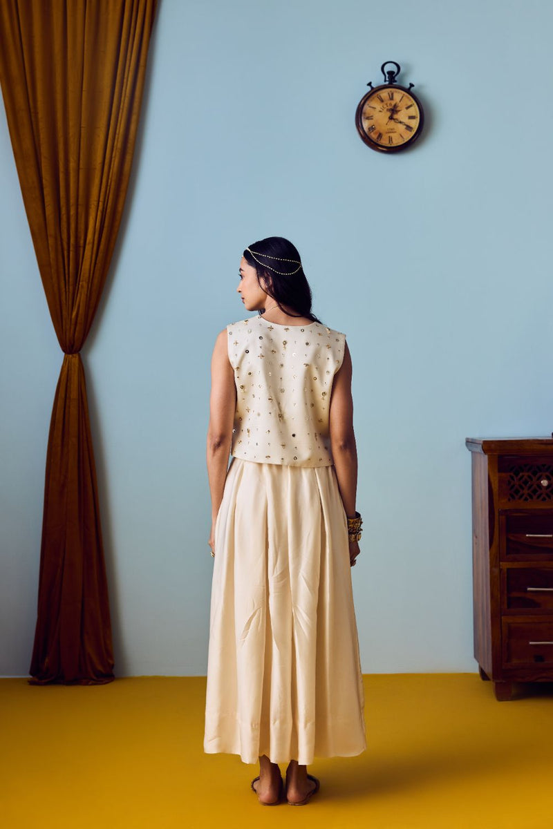 Prih Pearl Waistcoat & Skirt Set satin by PRAHNAAYA in white color for women Worldwide