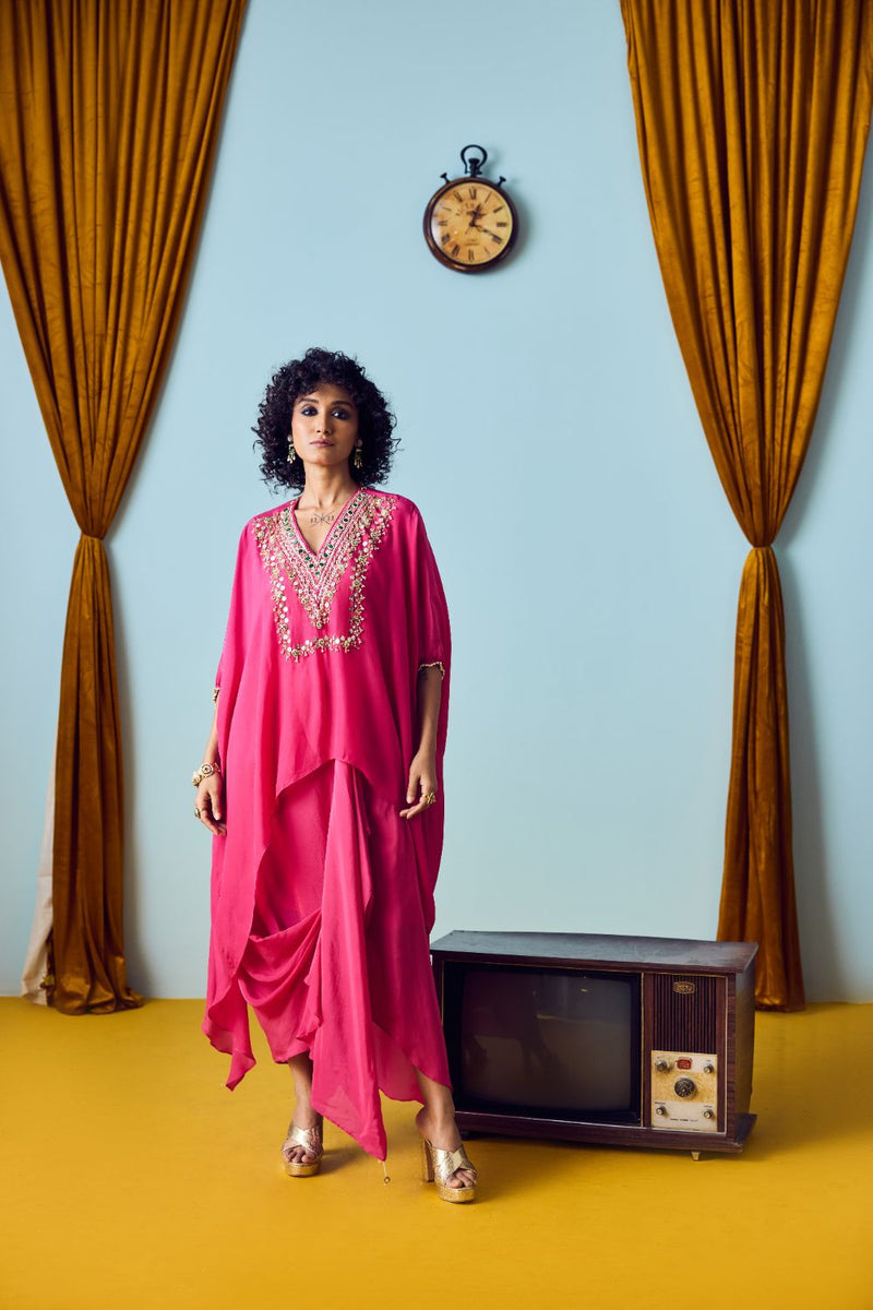 Maia Pink Anti-Fit Tunic Set with Skirt silk by PRAHNAAYA in pink color for women Worldwide