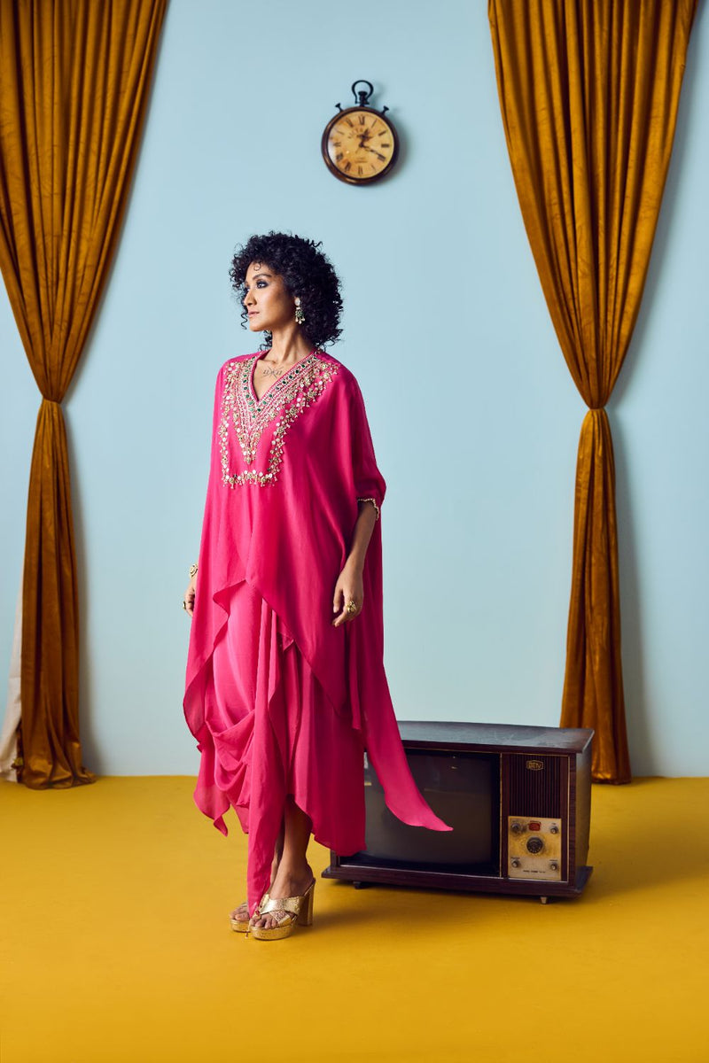 Maia Pink Anti-Fit Tunic Set with Skirt silk by PRAHNAAYA in pink color for women Worldwide