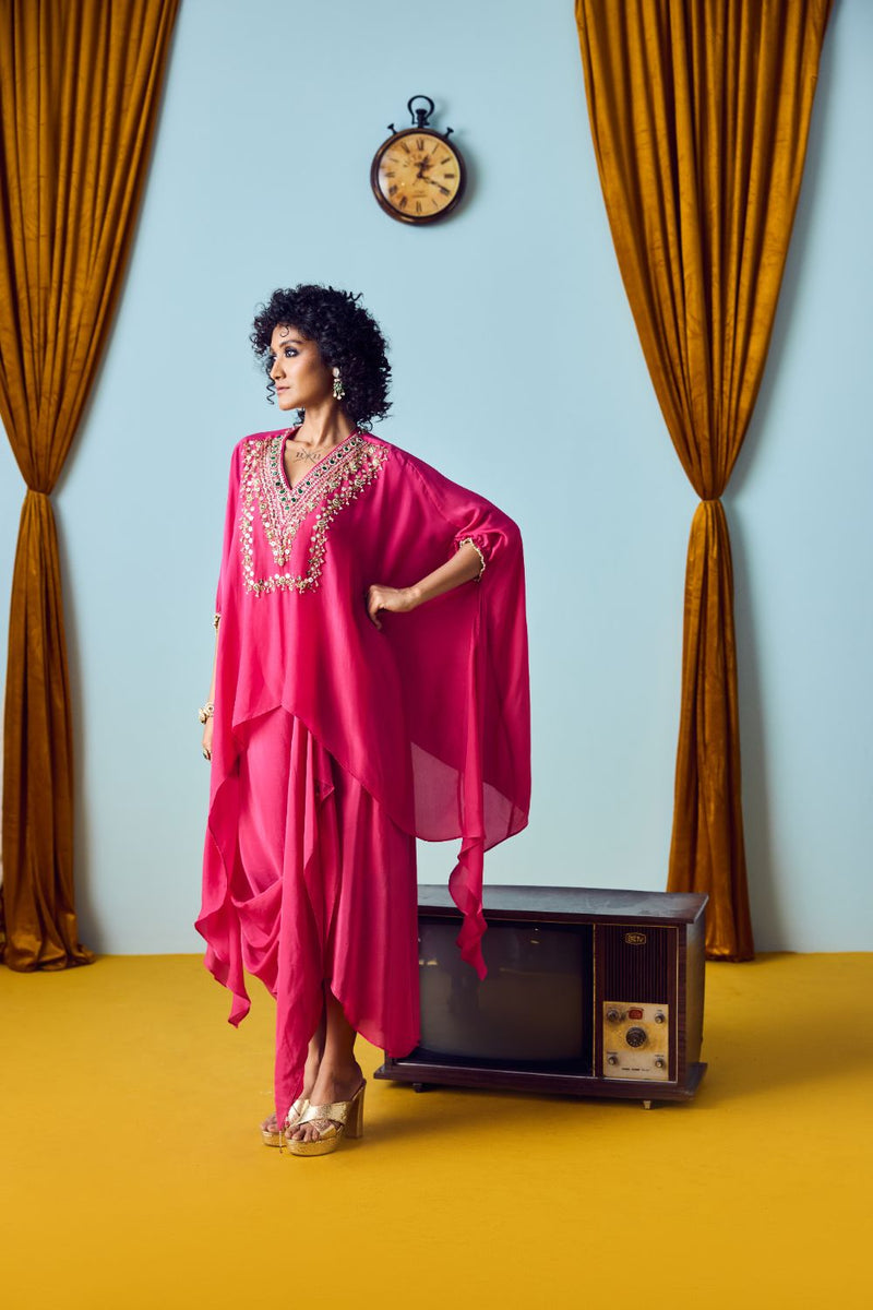 Maia Pink Anti-Fit Tunic Set with Skirt silk by PRAHNAAYA in pink color for women Worldwide