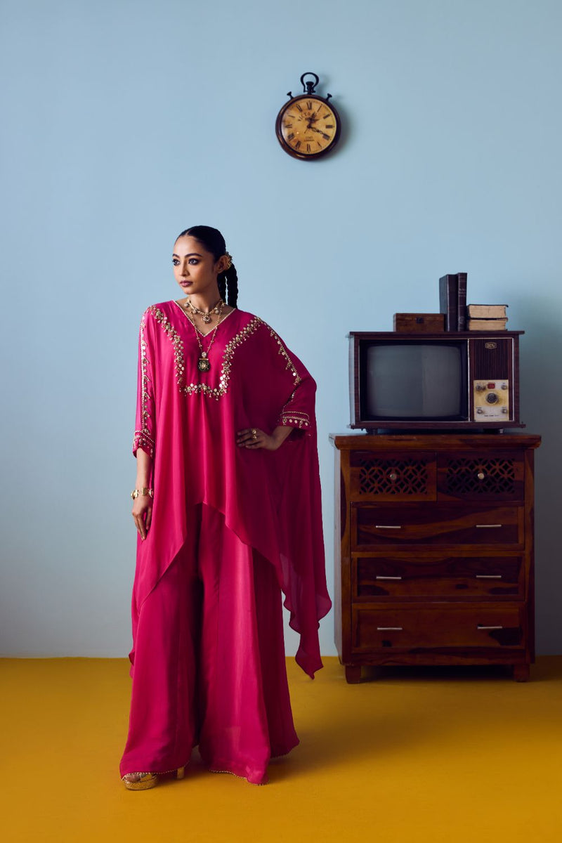 Maia Pink Anti-Fit Tunic Set with Panelled Palazzo silk by PRAHNAAYA in pink color for women Worldwide
