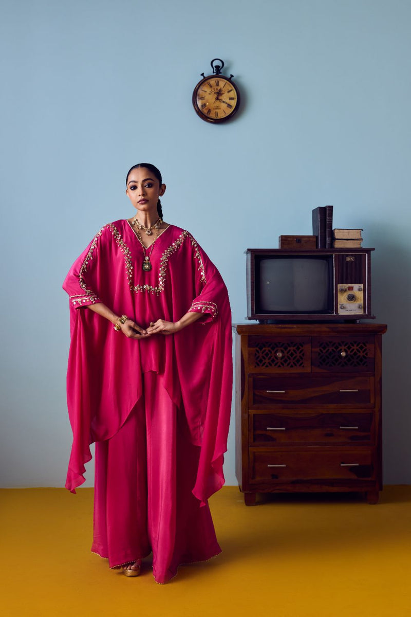Maia Pink Anti-Fit Tunic Set with Panelled Palazzo silk by PRAHNAAYA in pink color for women Worldwide