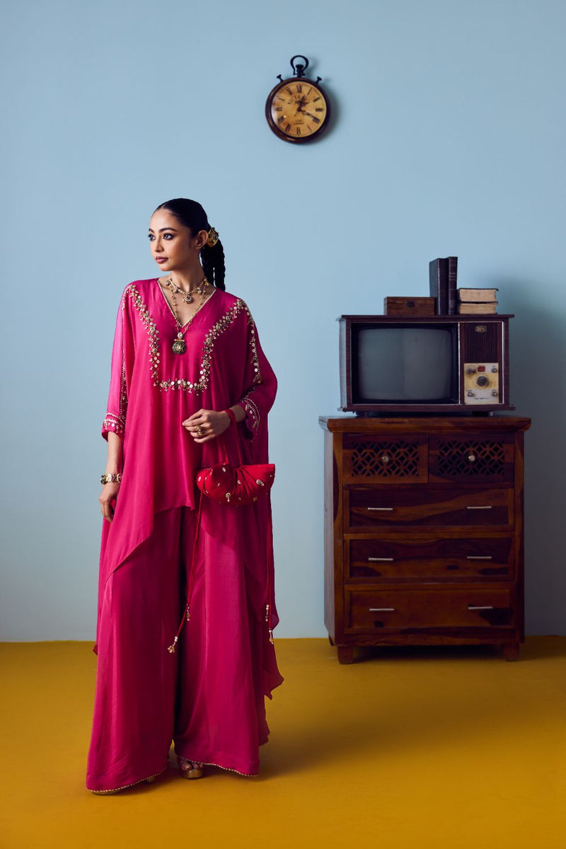 Maia Pink Anti-Fit Tunic Set with Panelled Palazzo silk by PRAHNAAYA in pink color for women Worldwide