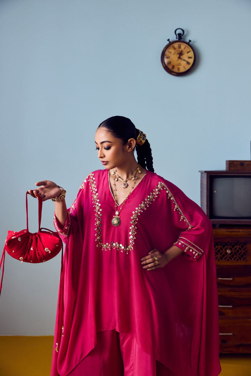 Maia Pink Anti-Fit Tunic Set with Panelled Palazzo silk by PRAHNAAYA in pink color for women Worldwide