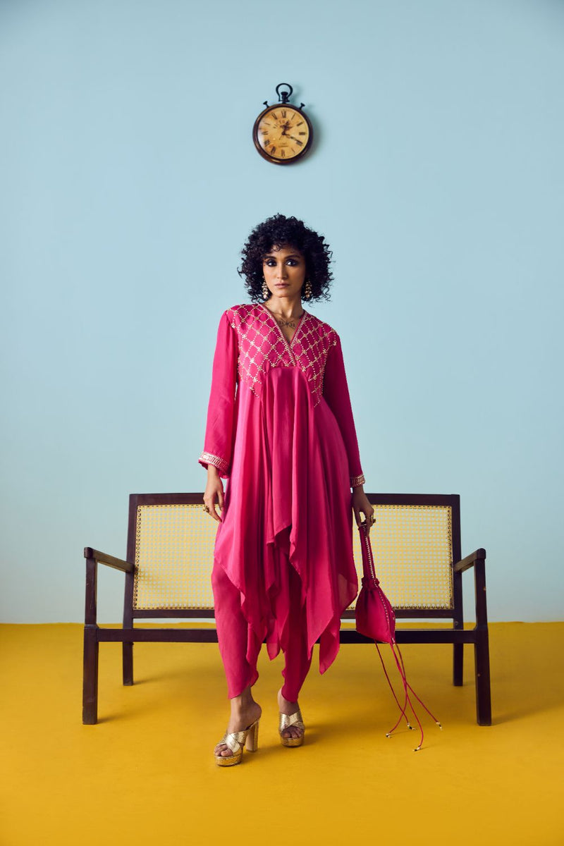 Sureen Pink Asymmetric Kurta Set silk by PRAHNAAYA in pink color for women Worldwide