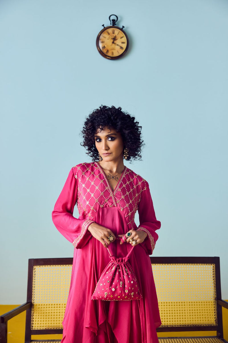 Sureen Pink Asymmetric Kurta Set silk by PRAHNAAYA in pink color for women Worldwide