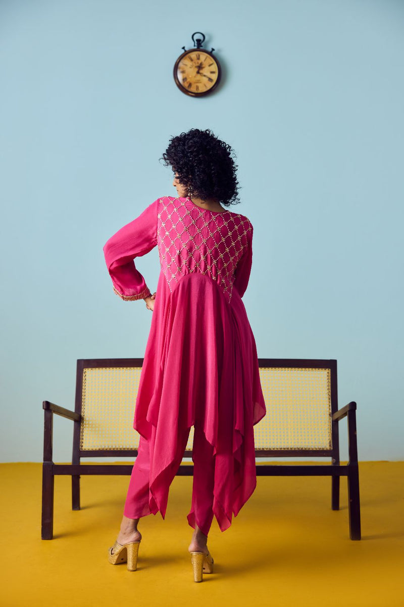 Sureen Pink Asymmetric Kurta Set silk by PRAHNAAYA in pink color for women Worldwide
