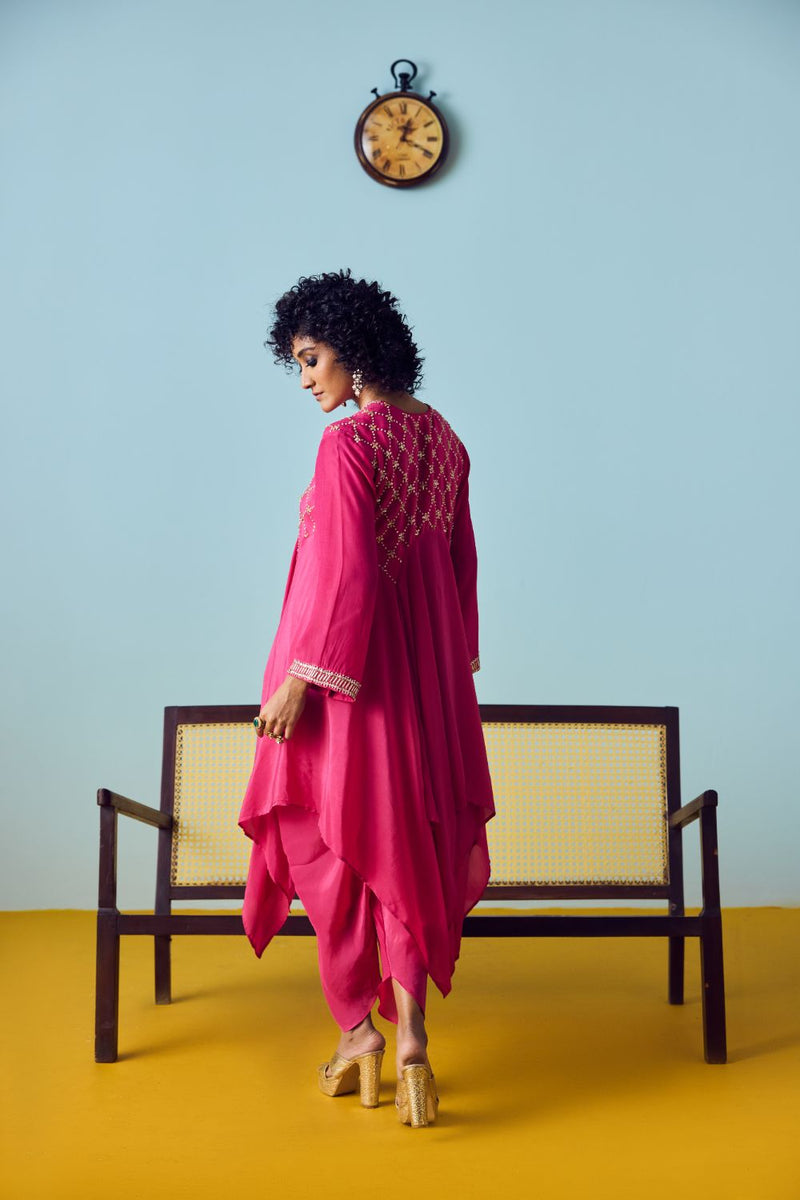 Sureen Pink Asymmetric Kurta Set silk by PRAHNAAYA in pink color for women Worldwide