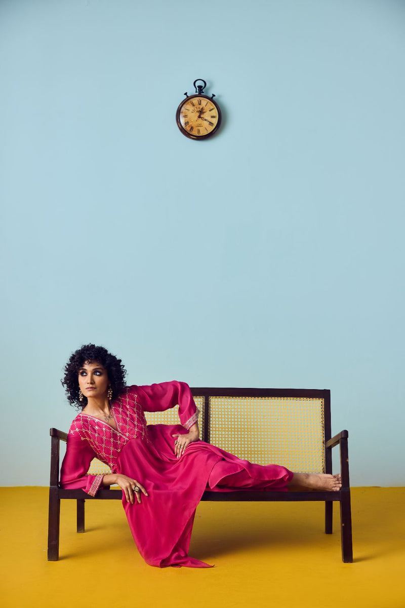 Sureen Pink Asymmetric Kurta Set silk by PRAHNAAYA in pink color for women Worldwide