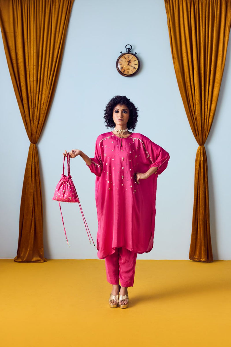 Shee Festive Hand-Embroidered Relaxed Kurta Set with Straight Pants silk by PRAHNAAYA in pink color for women Worldwide