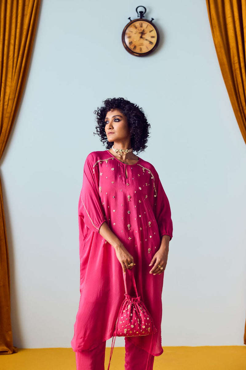 Shee Festive Hand-Embroidered Relaxed Kurta Set with Straight Pants silk by PRAHNAAYA in pink color for women Worldwide