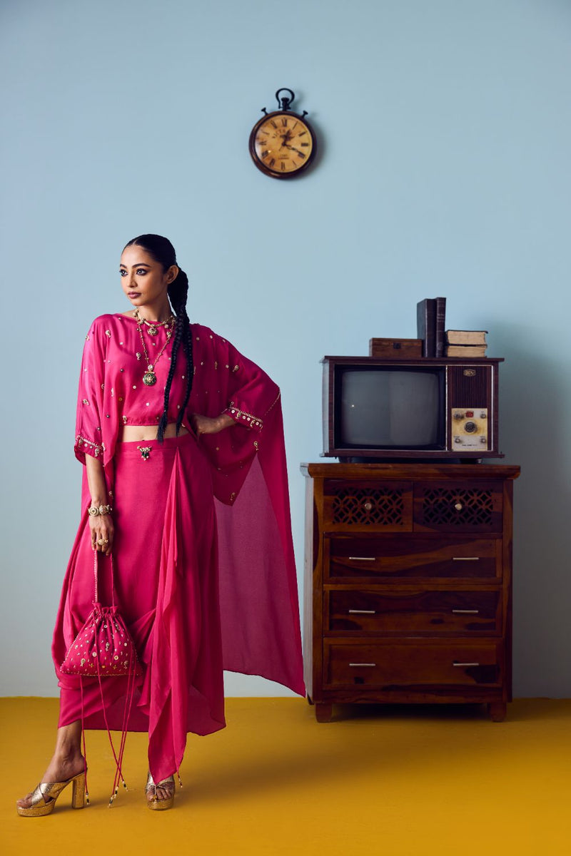 Nexa Pink Hi Low Top & Skirt Set silk by PRAHNAAYA in pink color for women Worldwide