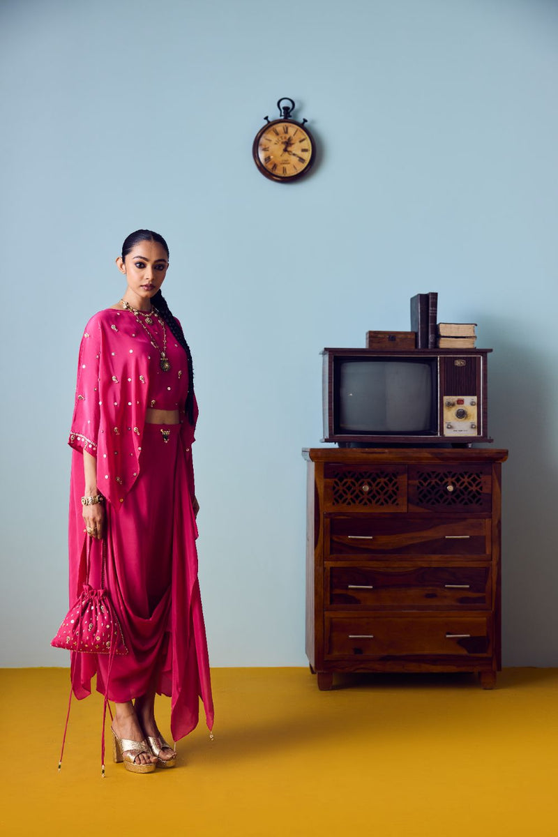 Nexa Pink Hi Low Top & Skirt Set silk by PRAHNAAYA in pink color for women Worldwide
