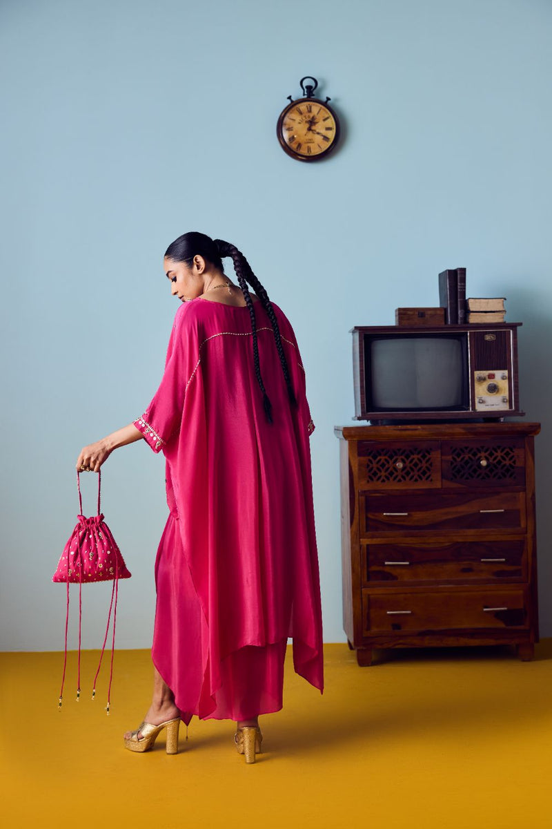 Nexa Pink Hi Low Top & Skirt Set silk by PRAHNAAYA in pink color for women Worldwide