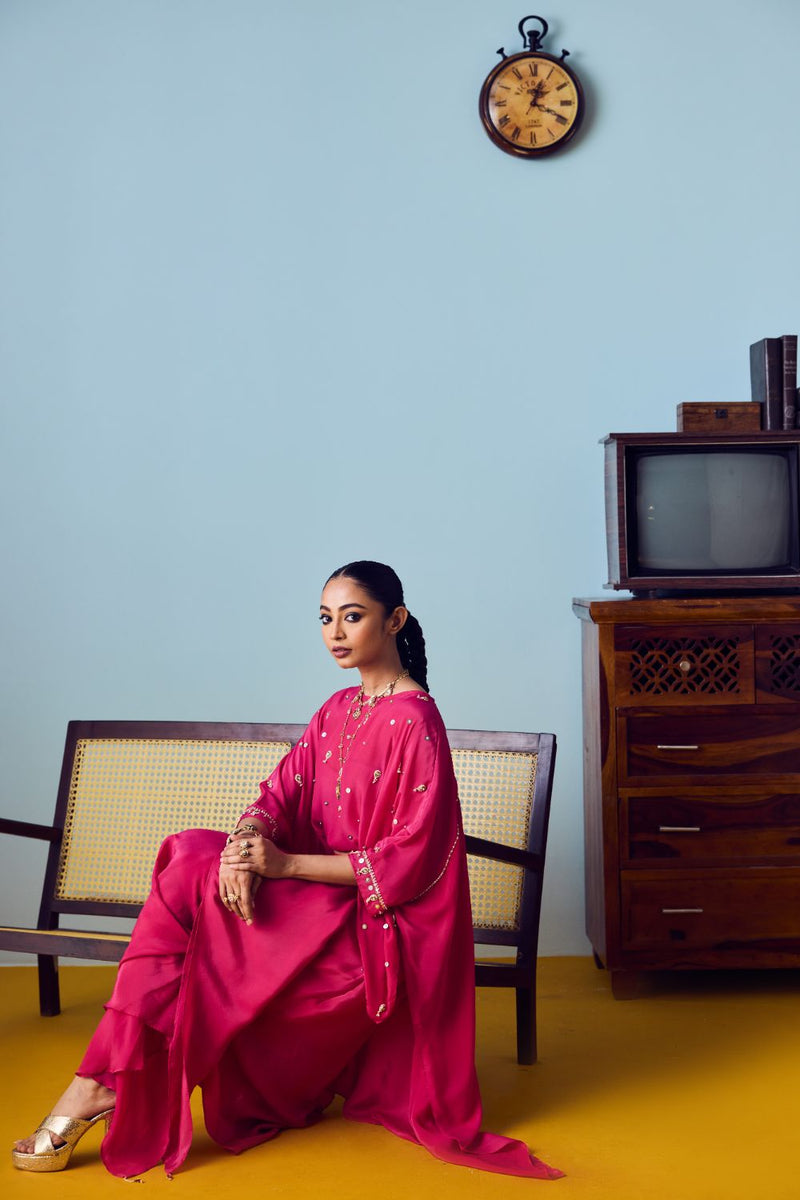Nexa Pink Hi Low Top & Skirt Set silk by PRAHNAAYA in pink color for women Worldwide