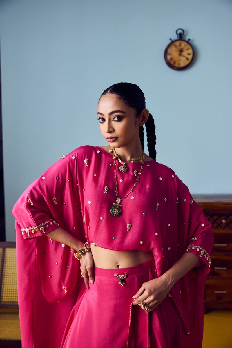 Nexa Pink Hi Low Top & Skirt Set silk by PRAHNAAYA in pink color for women Worldwide