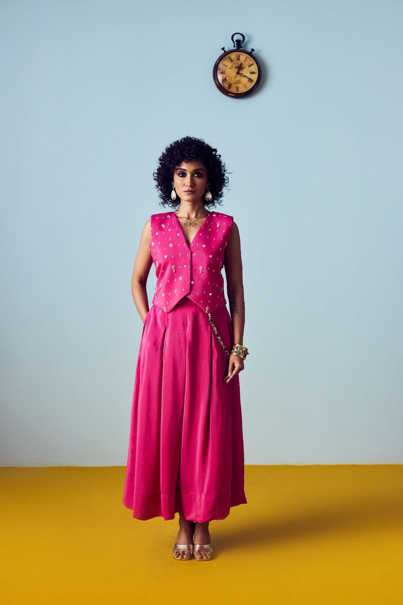 Prih Pink Waistcoat & Skirt Set silk by PRAHNAAYA in pink color for women Worldwide