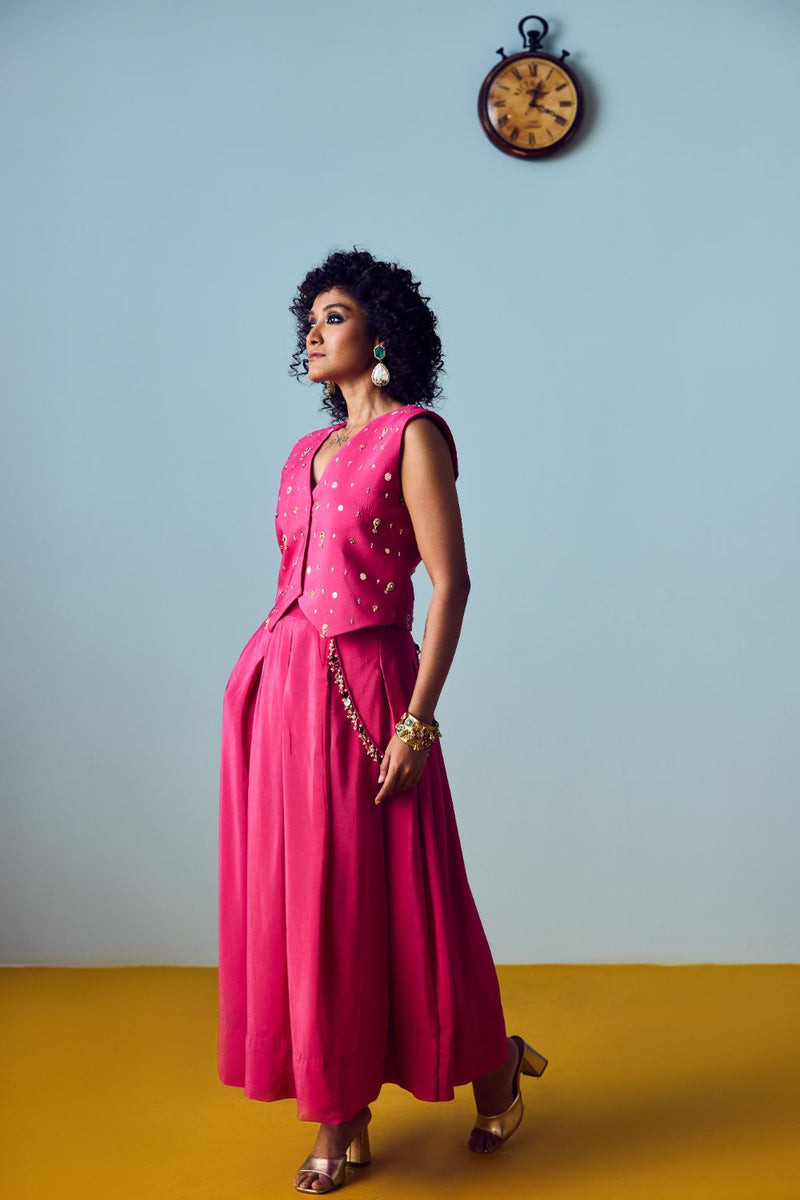 Prih Pink Waistcoat & Skirt Set silk by PRAHNAAYA in pink color for women Worldwide