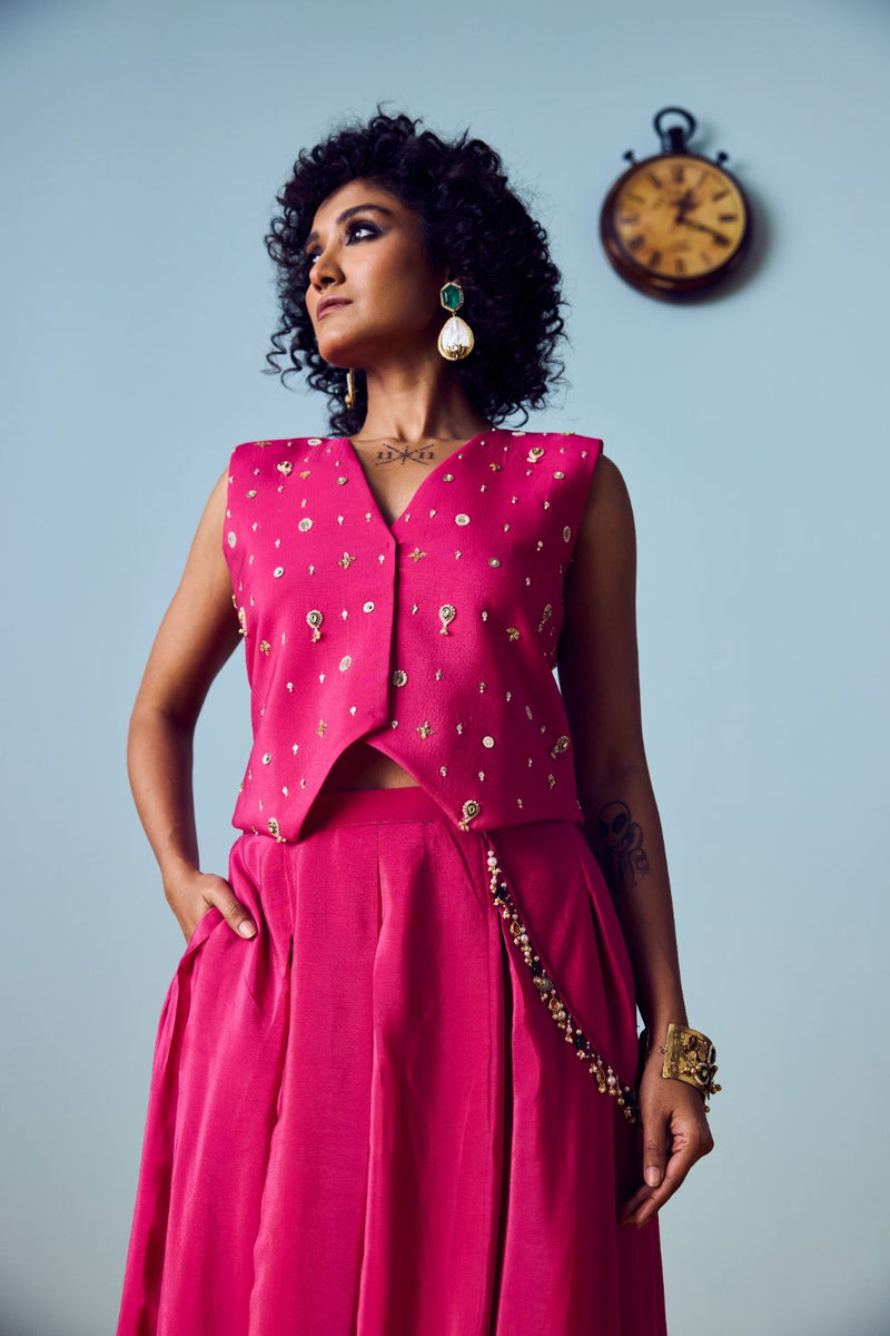 Prih Pink Waistcoat & Skirt Set silk by PRAHNAAYA in pink color for women Worldwide