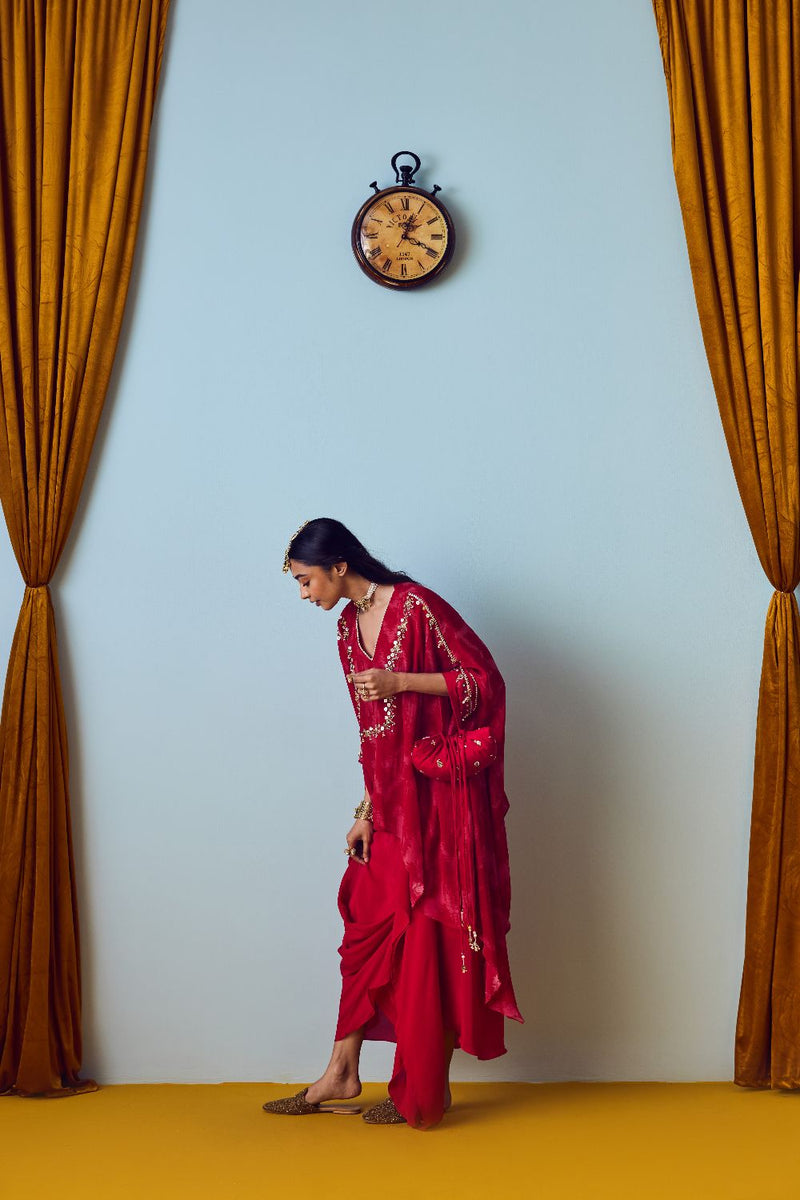 Maia Red Anti-Fit Tunic Set with Skirt silk by PRAHNAAYA in red color for women Worldwide