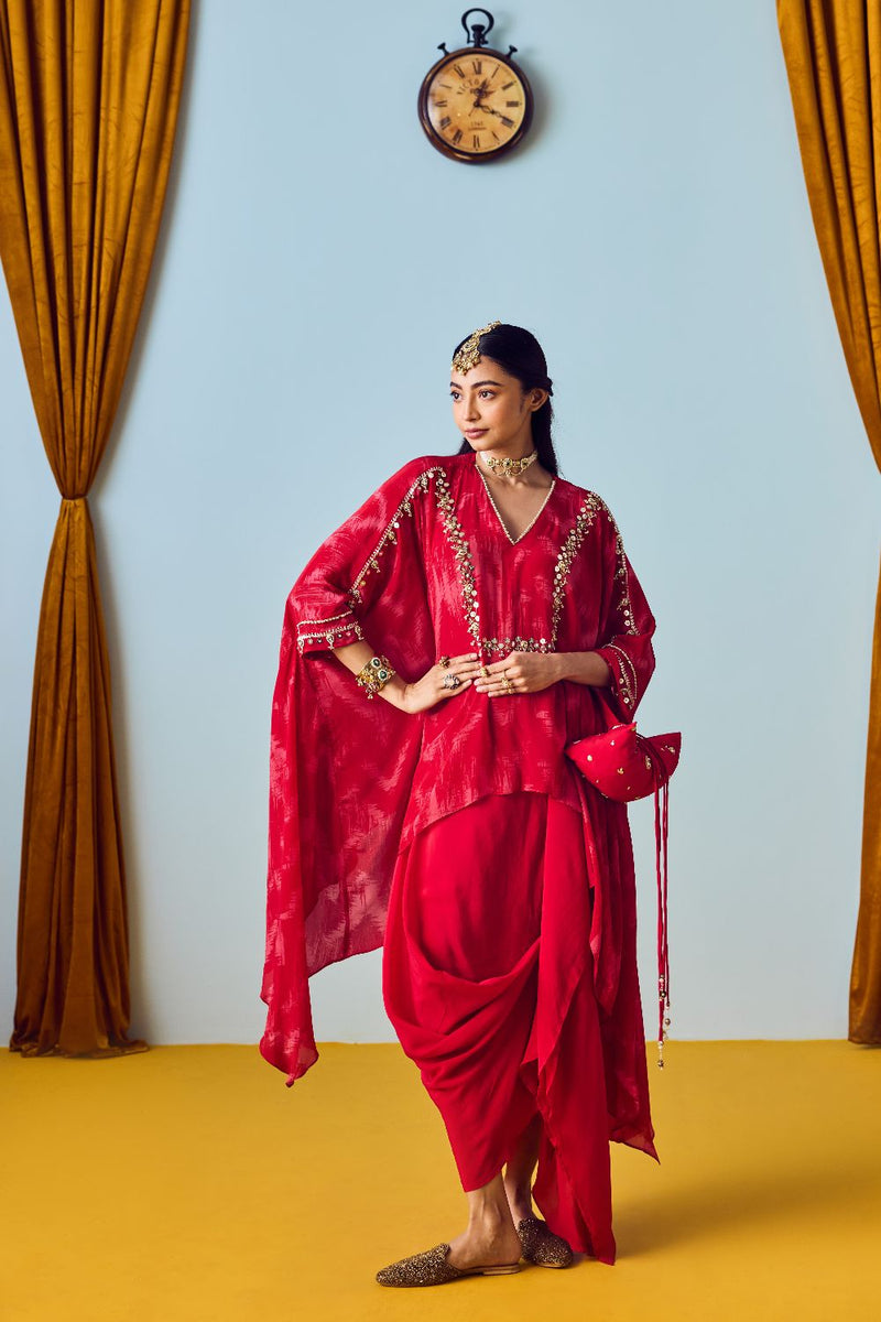 Maia Red Anti-Fit Tunic Set with Skirt silk by PRAHNAAYA in red color for women Worldwide
