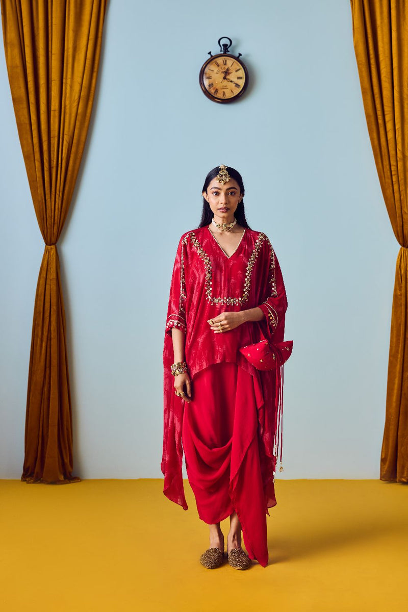 Maia Red Anti-Fit Tunic Set with Skirt silk by PRAHNAAYA in red color for women Worldwide