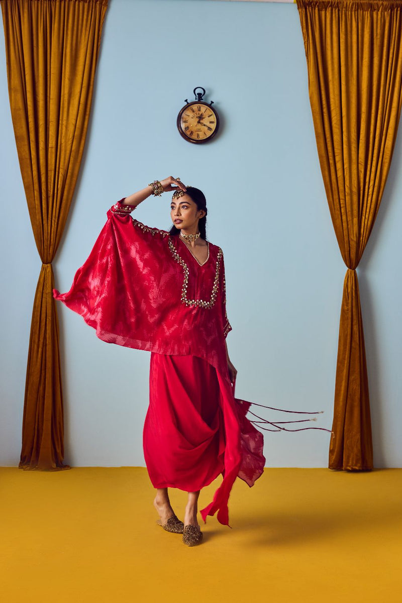 Maia Red Anti-Fit Tunic Set with Skirt silk by PRAHNAAYA in red color for women Worldwide