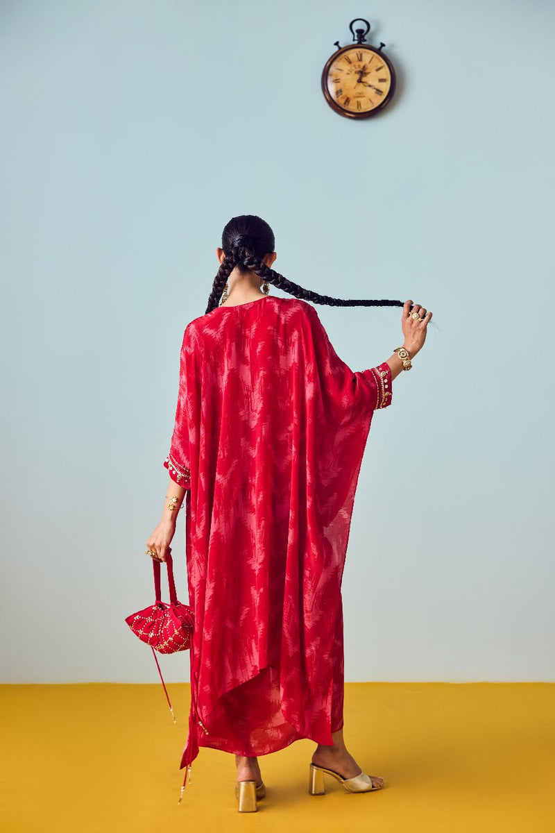 Nexa Red Hi-Low Top and Wrap Skirt Set silk by PRAHNAAYA in red color for women Worldwide