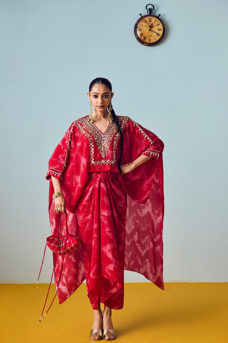 Nexa Red Hi-Low Top and Wrap Skirt Set silk by PRAHNAAYA in red color for women Worldwide
