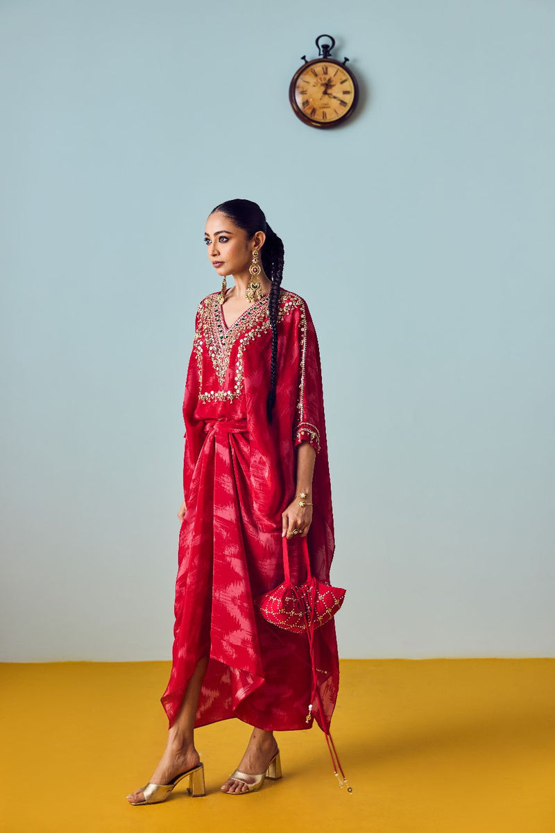 Nexa Red Hi-Low Top and Wrap Skirt Set silk by PRAHNAAYA in red color for women Worldwide