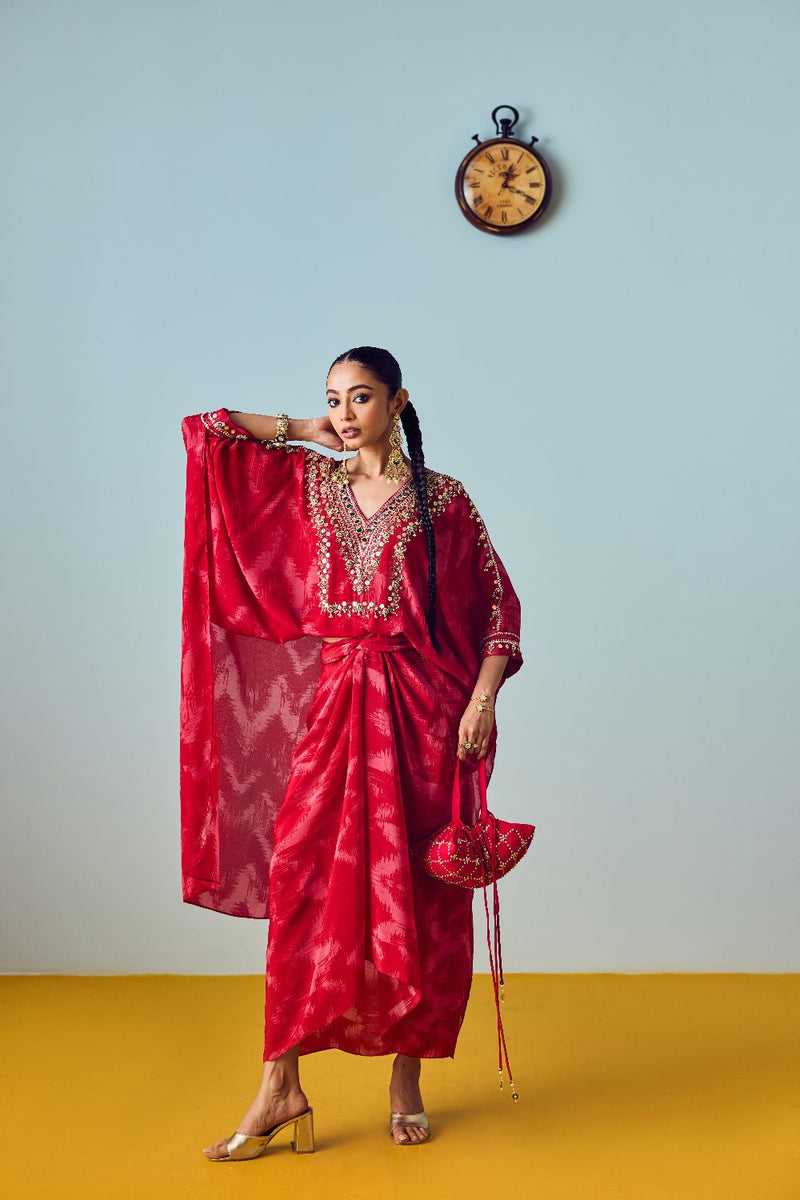 Nexa Red Hi-Low Top and Wrap Skirt Set silk by PRAHNAAYA in red color for women Worldwide