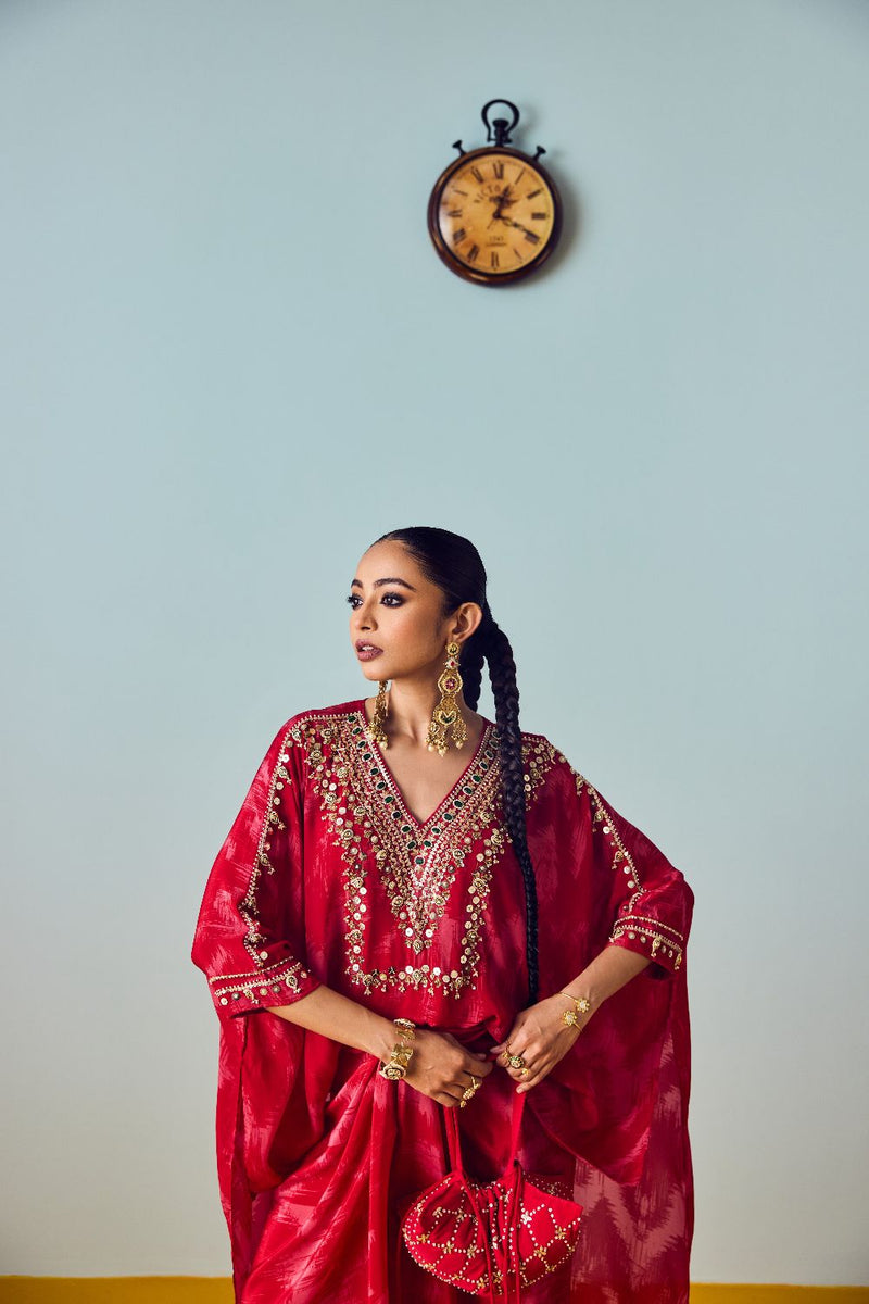 Nexa Red Hi-Low Top and Wrap Skirt Set silk by PRAHNAAYA in red color for women Worldwide