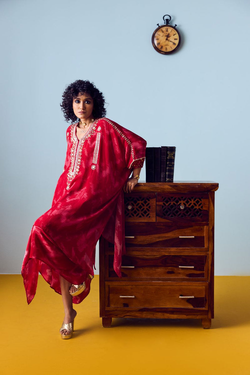 Raso Red Hand-Embroidered Kaftan Tunic with Draped Skirt Set silk by PRAHNAAYA in red color for women Worldwide