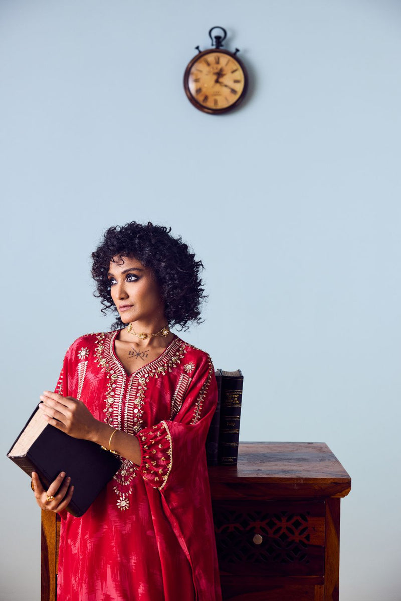 Raso Red Hand-Embroidered Kaftan Tunic with Draped Skirt Set silk by PRAHNAAYA in red color for women Worldwide